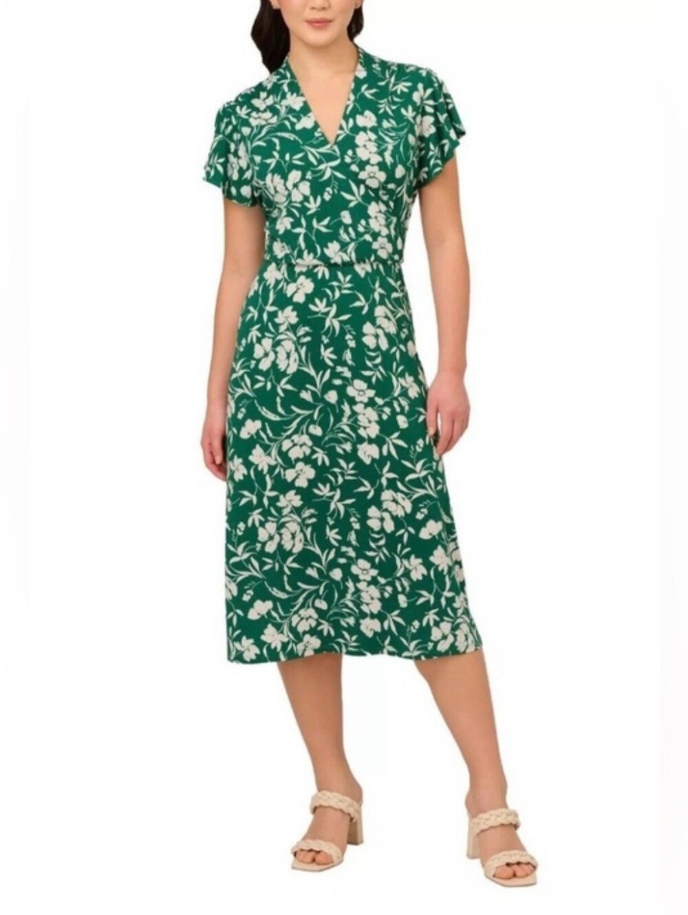 Adrianna Papell Green With White Flower Faux Wrap Dress XXL Light Weight Summer